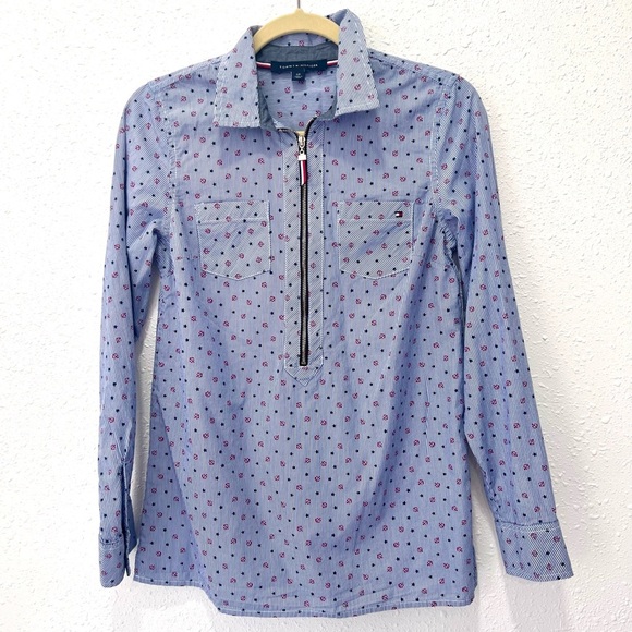 Tommy Hilfiger Blue and Red Casual Button Down Shirt - Picture 1 of 8